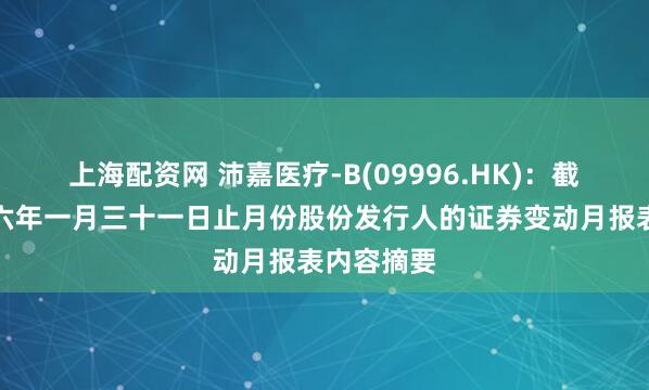 上海配资网 沛嘉医疗-B(09996.HK)：截至二零二六年一月三十一日止月份股份发行人的证券变动月报表内容摘要